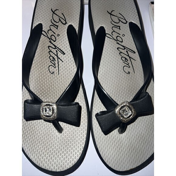 Brighton Bowie Sz 10 Black Silver Rhinestone Bow‎ Thong Wedge Flip Flop Shoes - Picture 8 of 9
